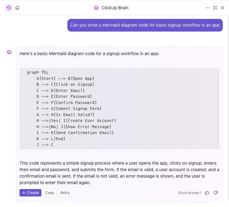 Ask ClickUp Brain, ClickUp's built in AI assistant to help you generate code-based diagrams